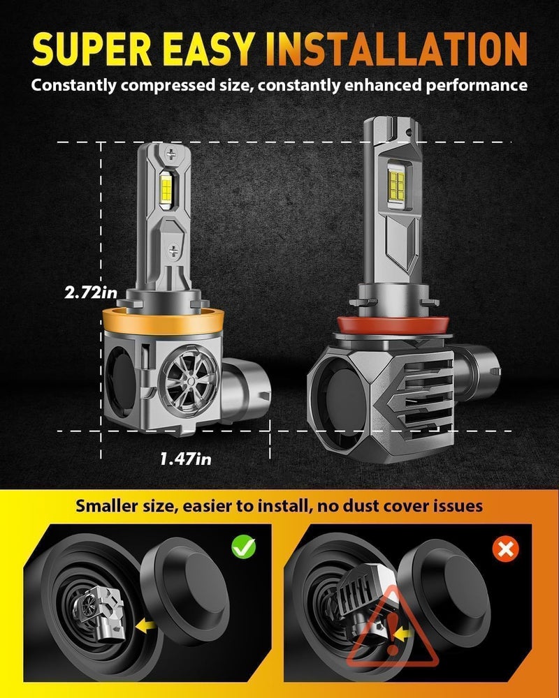 Termitor H11/H9 & 9005/HB3 Fog Light Combo, 120,000LM Brightness, 1:1 Mini Size 6500K Cool White IP68 Waterproof Automotive Replacement Combo 9005 H11 Fog Lights, Quick Installation, Pack of 4 - Image 4